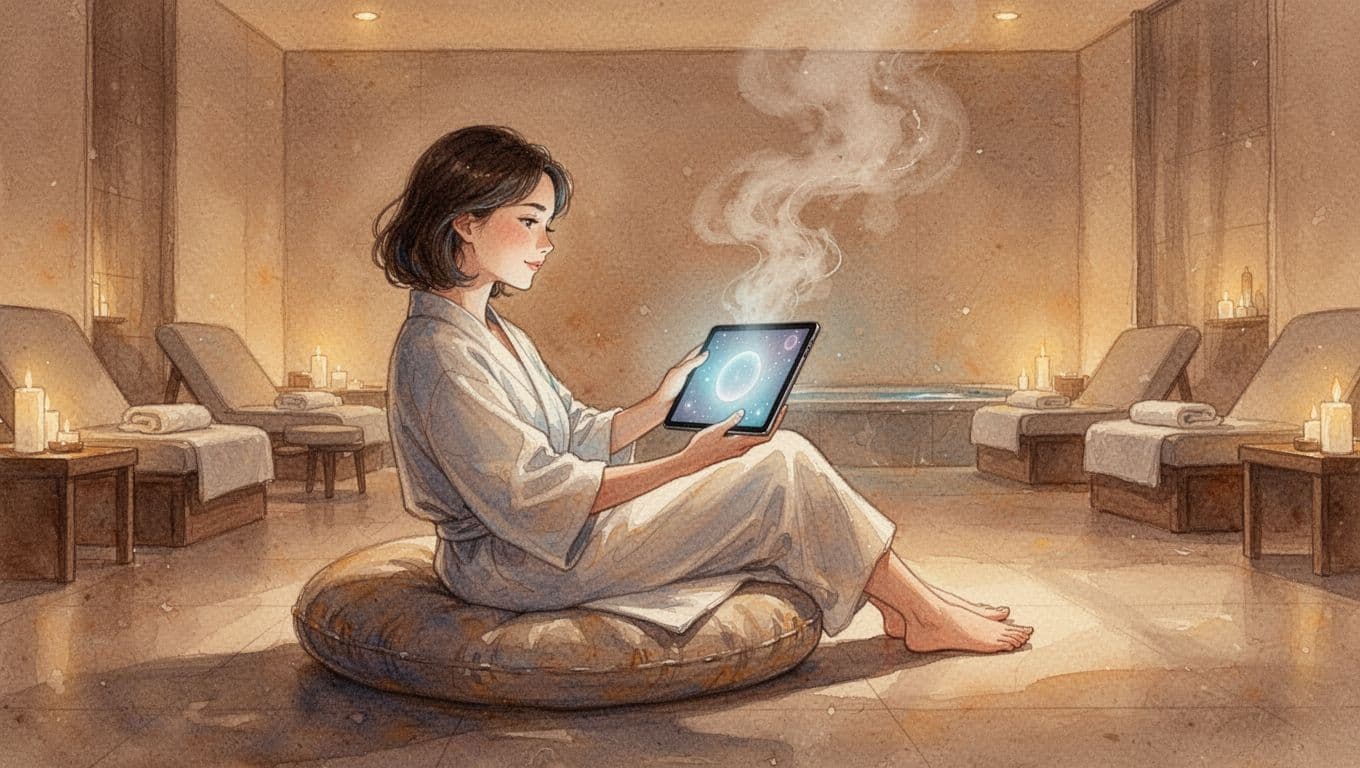 A calm individual sits in a comfortable lounge chair while viewing a digital tablet screen. The watercolor artwork features warm amber lighting, soft brush textures, and a tranquil spa atmosphere.