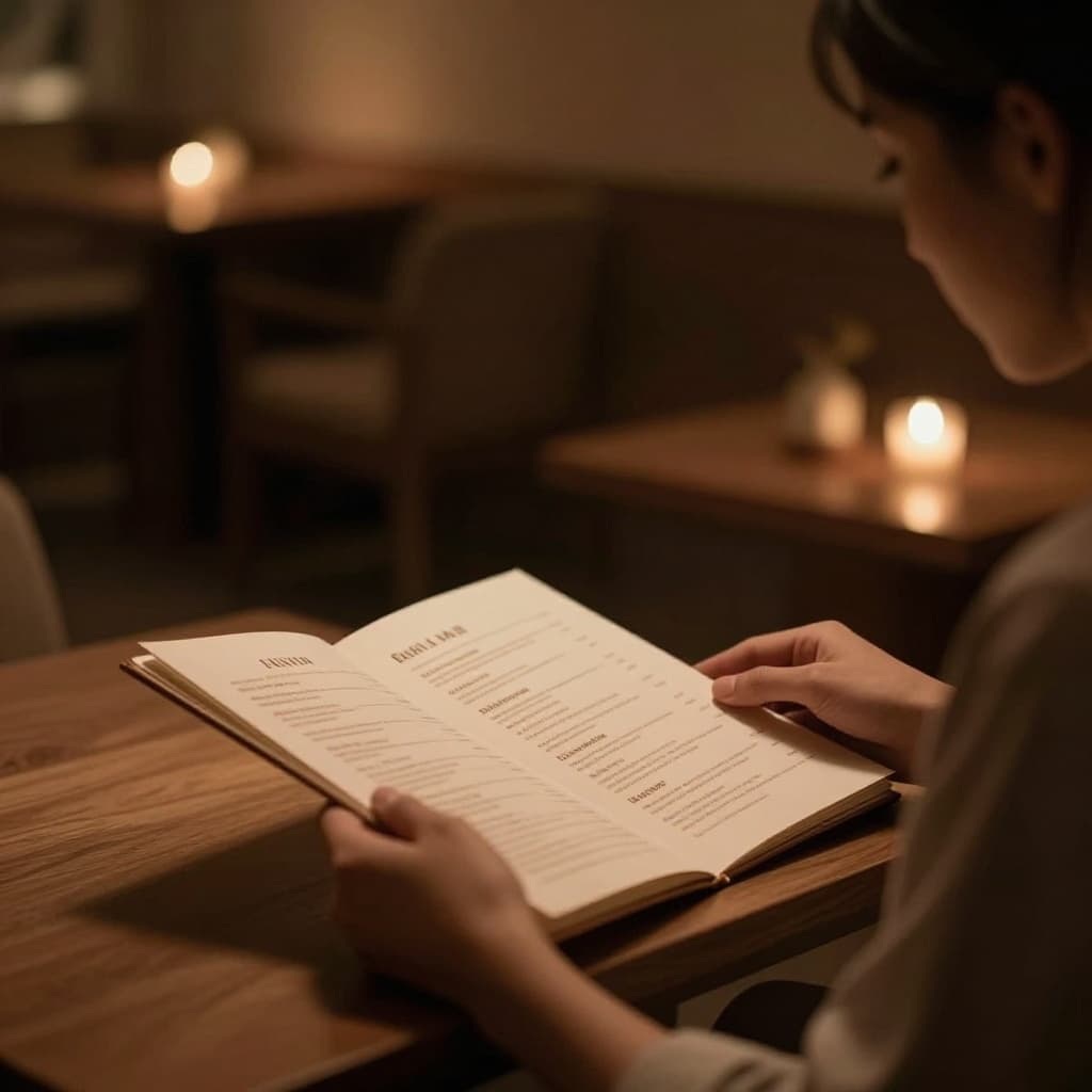 A person sits in a serene, dimly lit lounge while reviewing a printed menu of body treatments. Soft, warm ambient light highlights their focused expression and the peaceful, minimalist spa interior.