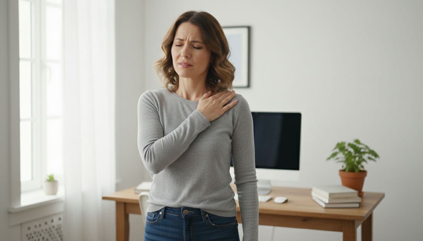 A person in their 30s stands in a home office, gently pressing a tight knotted spot on their upper shoulder and neck, showing subtle discomfort from chronic muscle tightness.