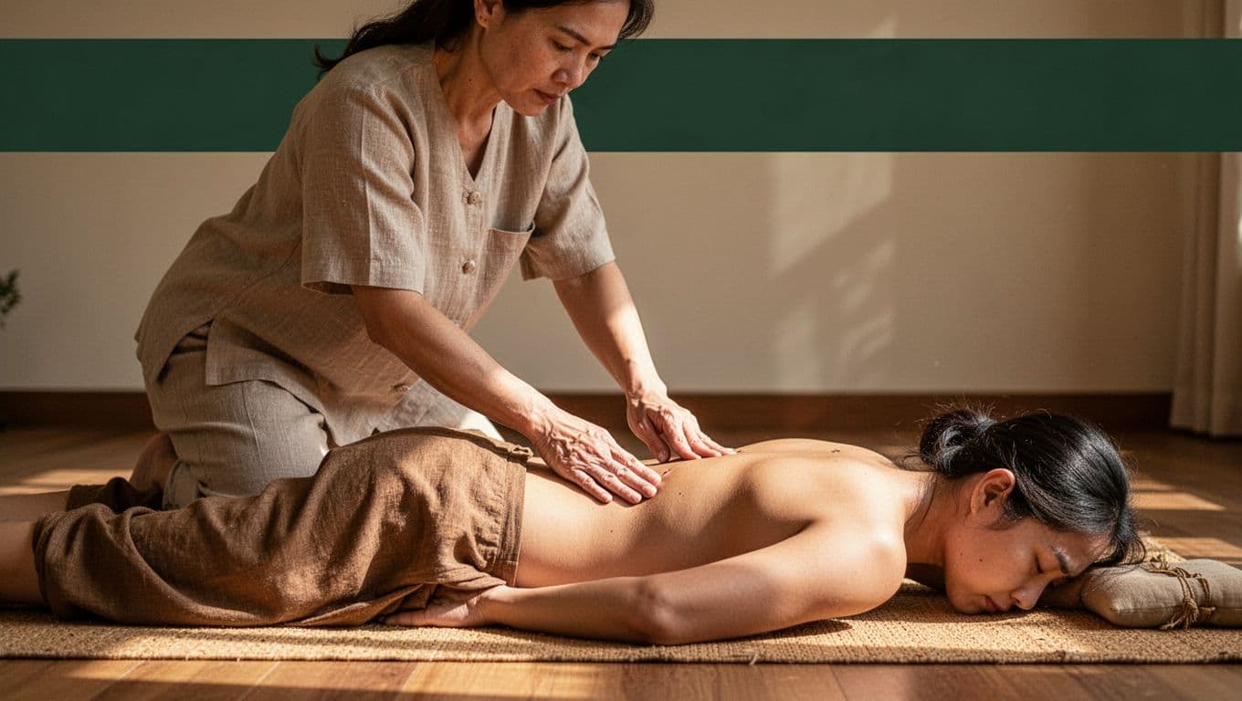 Thai massage therapist kneeling and pressing thumbs along sen energy line on lower back of prone client on woven mat in serene room, topped with branded 'Sen Lines' headline band.