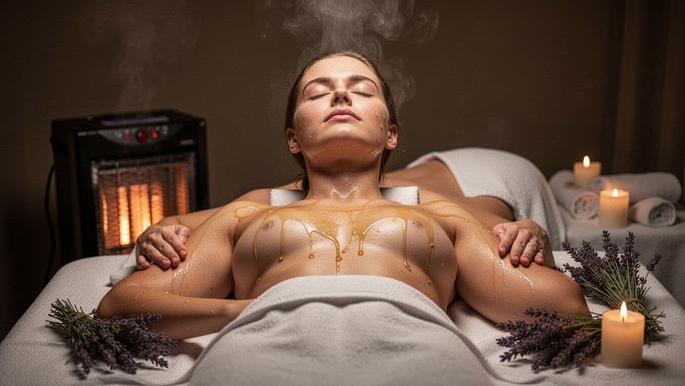 A relaxed person lies on a massage table with eyes closed in bliss, skin glistening with warm oil, surrounded by steam, lavender sprigs, and a candle in a serene spa with soft lighting.