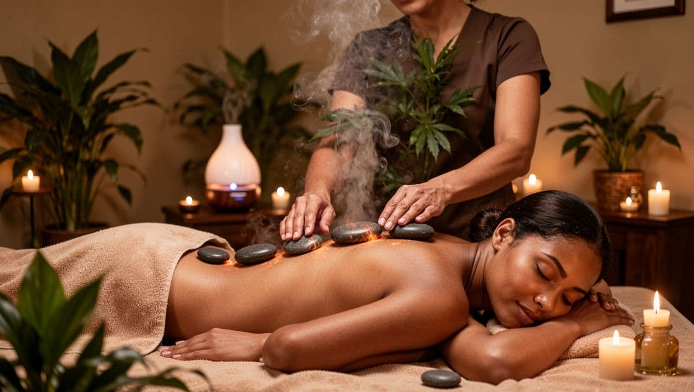 Hot stones are placed along a client's spine by a masseuse during a sensory spa therapy session, with an aromatherapy diffuser emitting scents in the candlelit background amid green plants and rising steam.
