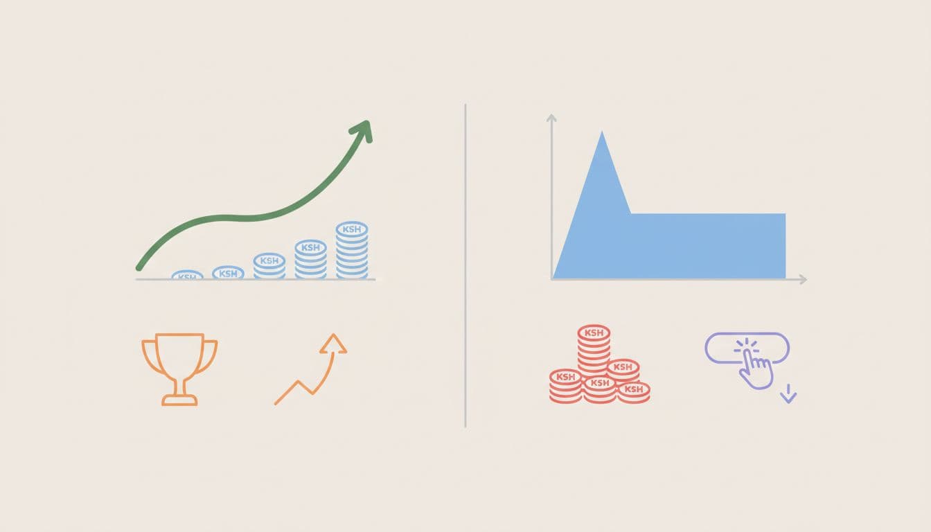 Infographic-style comparison chart contrasting SEO's steady long-term growth graph with Google Ads' quick spike and plateau, featuring Kenyan shilling cost symbols, website rankings trophy, ad click icons, in clean neutral vector art.