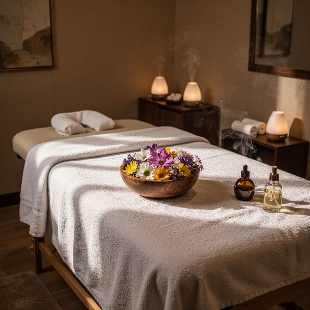A plush massage table sits centered in a dimly lit room, accented by a decorative bowl of aromatic flowers and a glowing essential oil diffuser resting on a dark side table.
