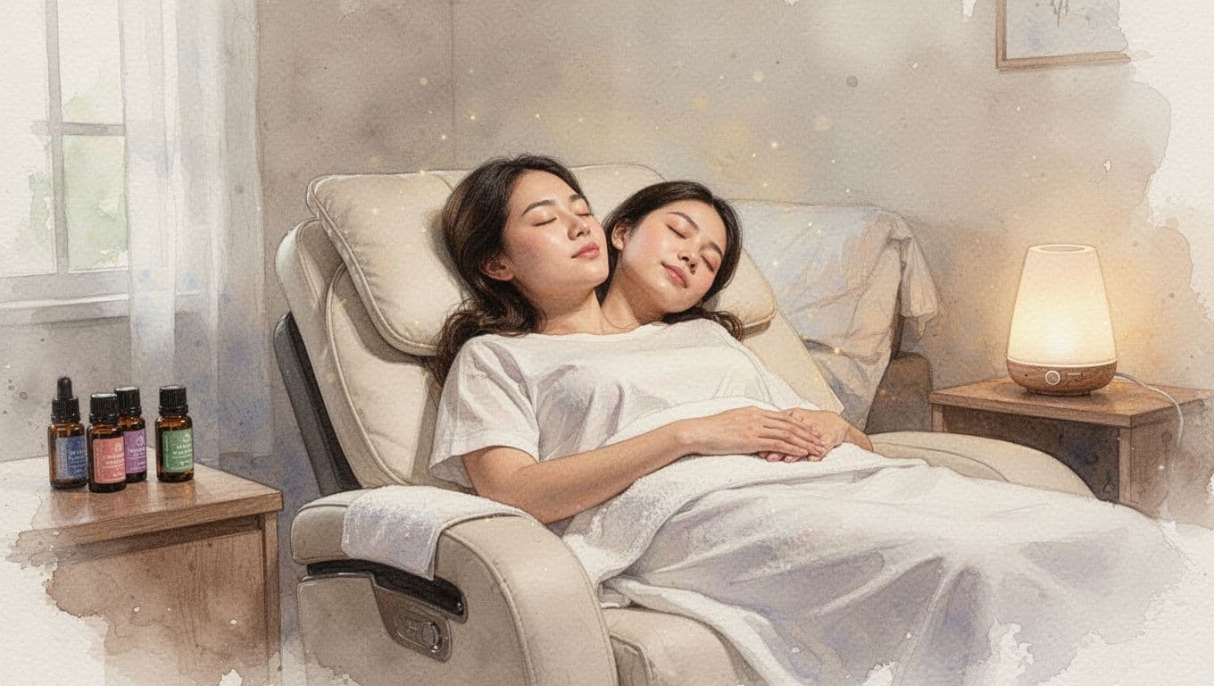 Serene client resting comfortably with eyes closed in restful sleep after aromatherapy massage at Classic Comfort spa, surrounded by glowing essential oil bottles and diffuser in a peaceful bedroom-like recovery area with soft energy-boosting glow, watercolor style.
