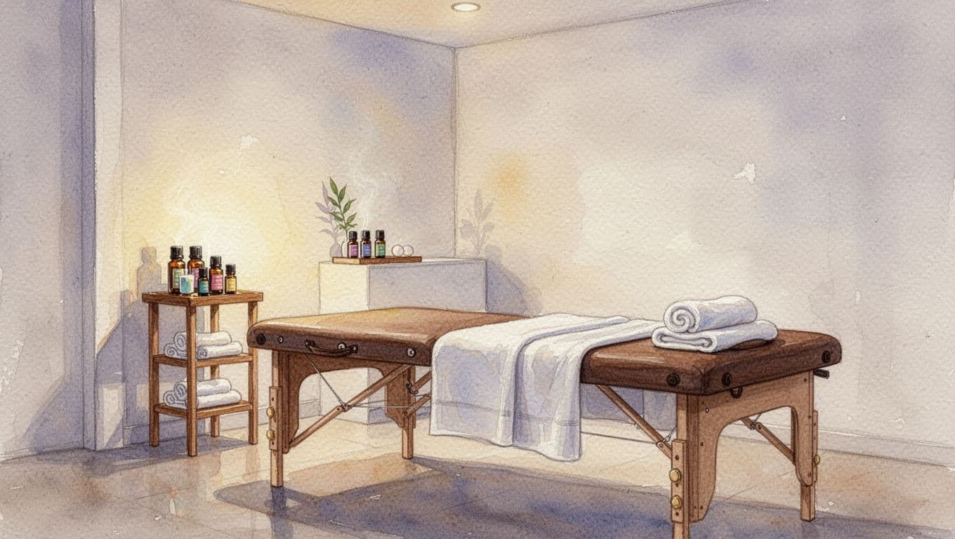 A wooden massage table rests in a minimalist room with warm ambient light. A nearby shelf displays small essential oil bottles, all rendered in a soft, artistic watercolor brushwork style.