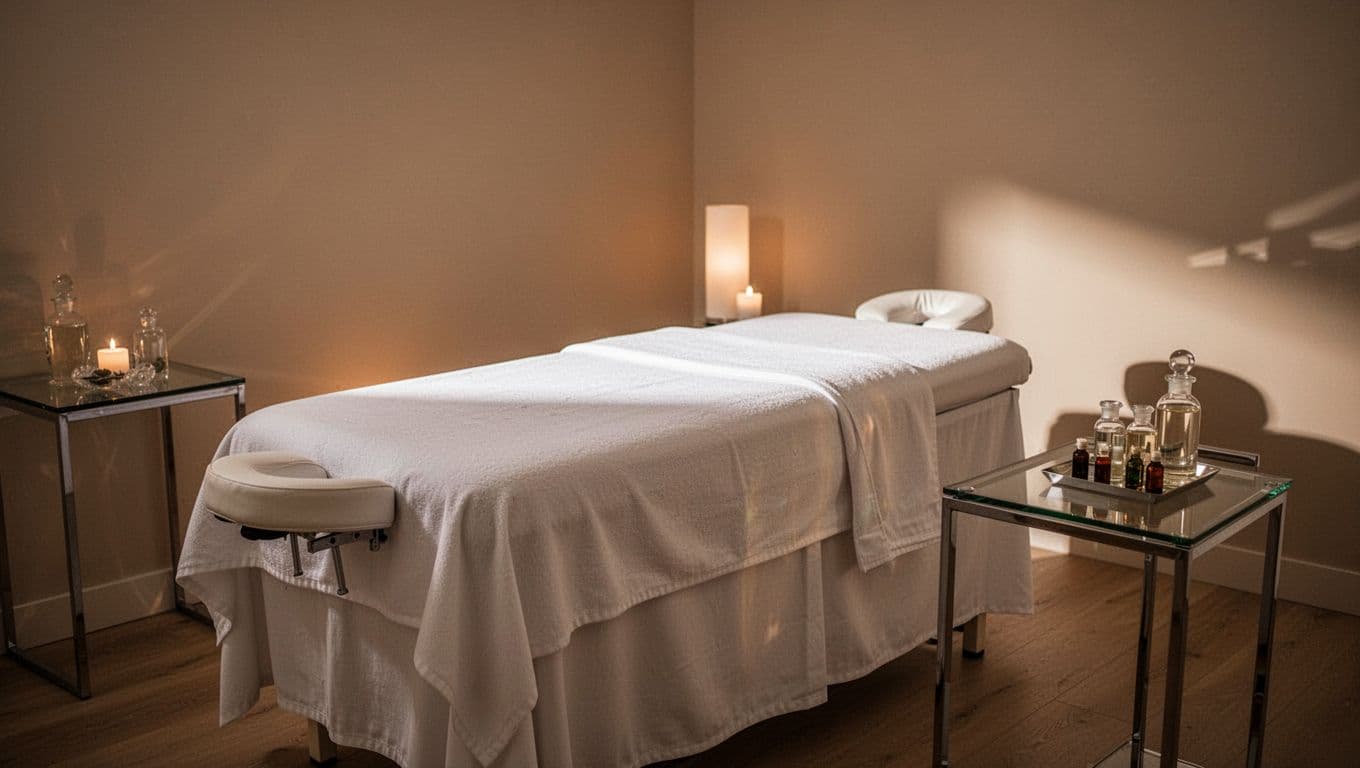 A pristine massage table draped in crisp white linens occupies the center of a dimly lit treatment suite. Small glass vials of essential oils sit precisely on a nearby wooden shelf.