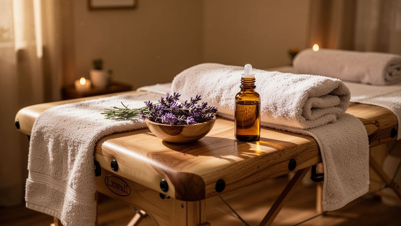 A wooden massage table draped with a clean white towel sits beside a small bowl of lavender flowers and an amber essential oil bottle. Warm light highlights the peaceful spa setting.