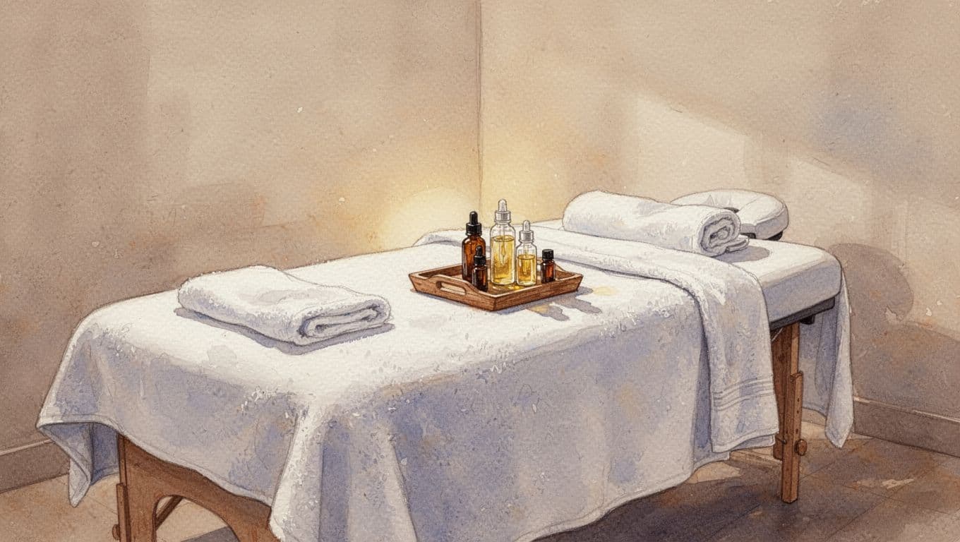 A plush massage table draped in crisp white linens sits center stage, accompanied by essential oil bottles resting on a small wooden tray. Warm ambient light enhances the soft watercolor textures.