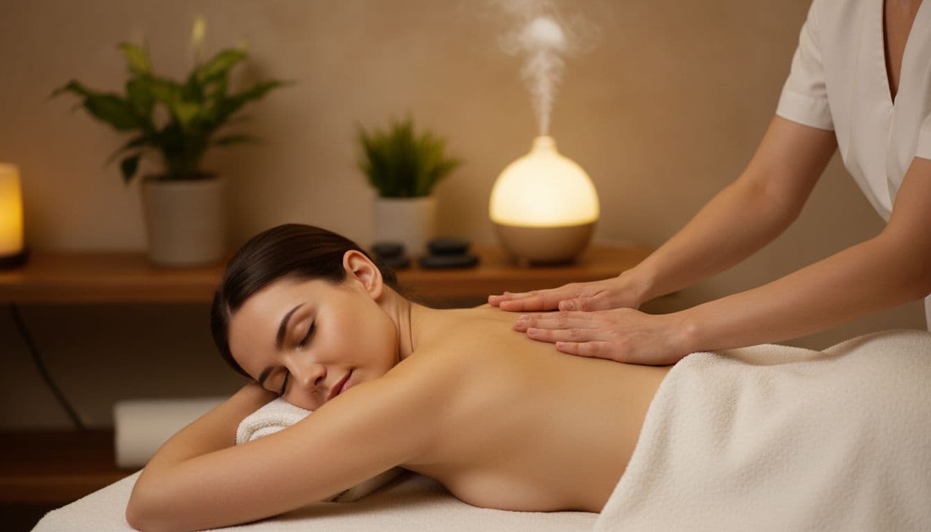 Aromatherapy Massage 4 A calm client with relaxed shoulders receives a gentle aromatherapy massage on the upper back from a therapist in a serene spa room with soft warm lighting and an essential oil diffuser emitting subtle mist.