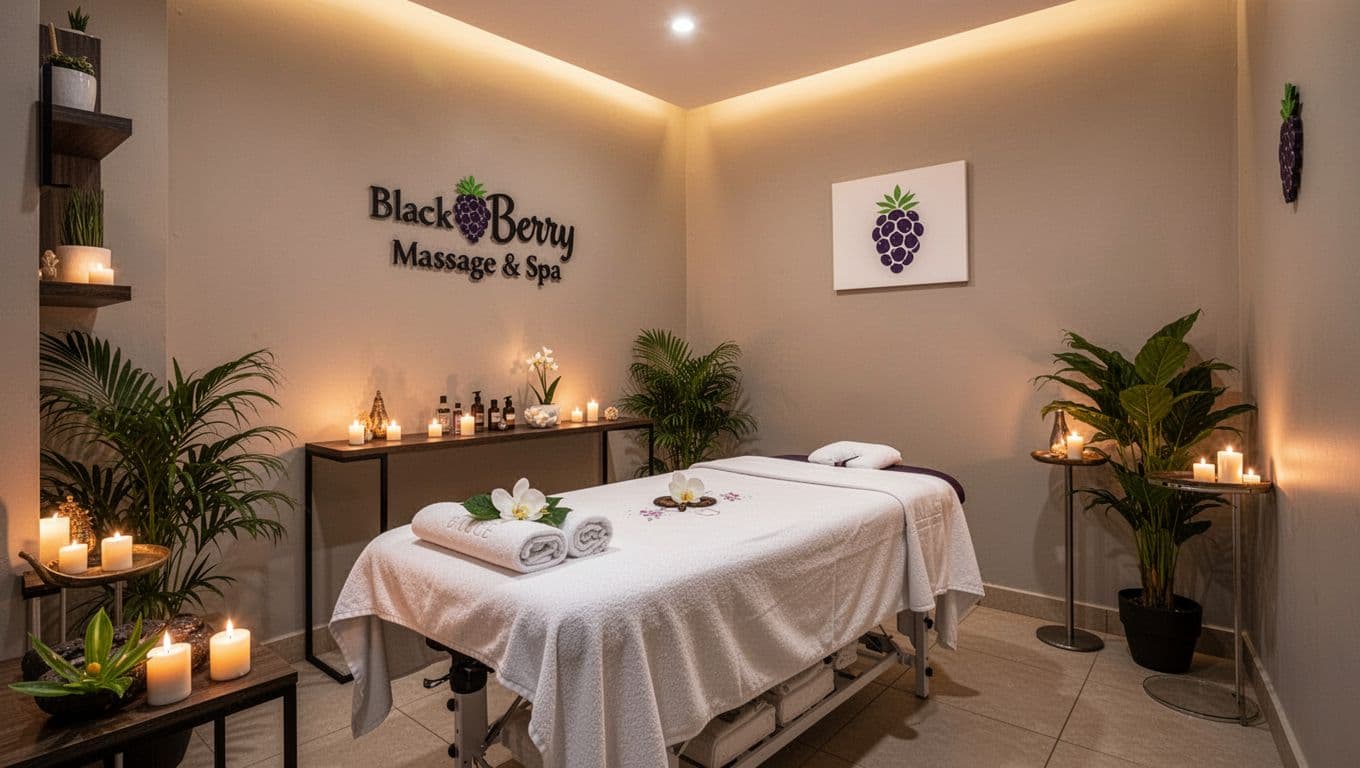 A serene, empty interior treatment room at Black Berry Massage & Spa in Nairobi features a massage table with fresh linens, candles, plants, and warm ambient lighting in a clean, modern style.
