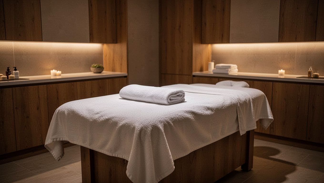 A plush massage table with folded white towels sits center stage in a dimly lit room. Warm ambient light casts soft shadows across the minimalist stone walls, creating a tranquil atmosphere.