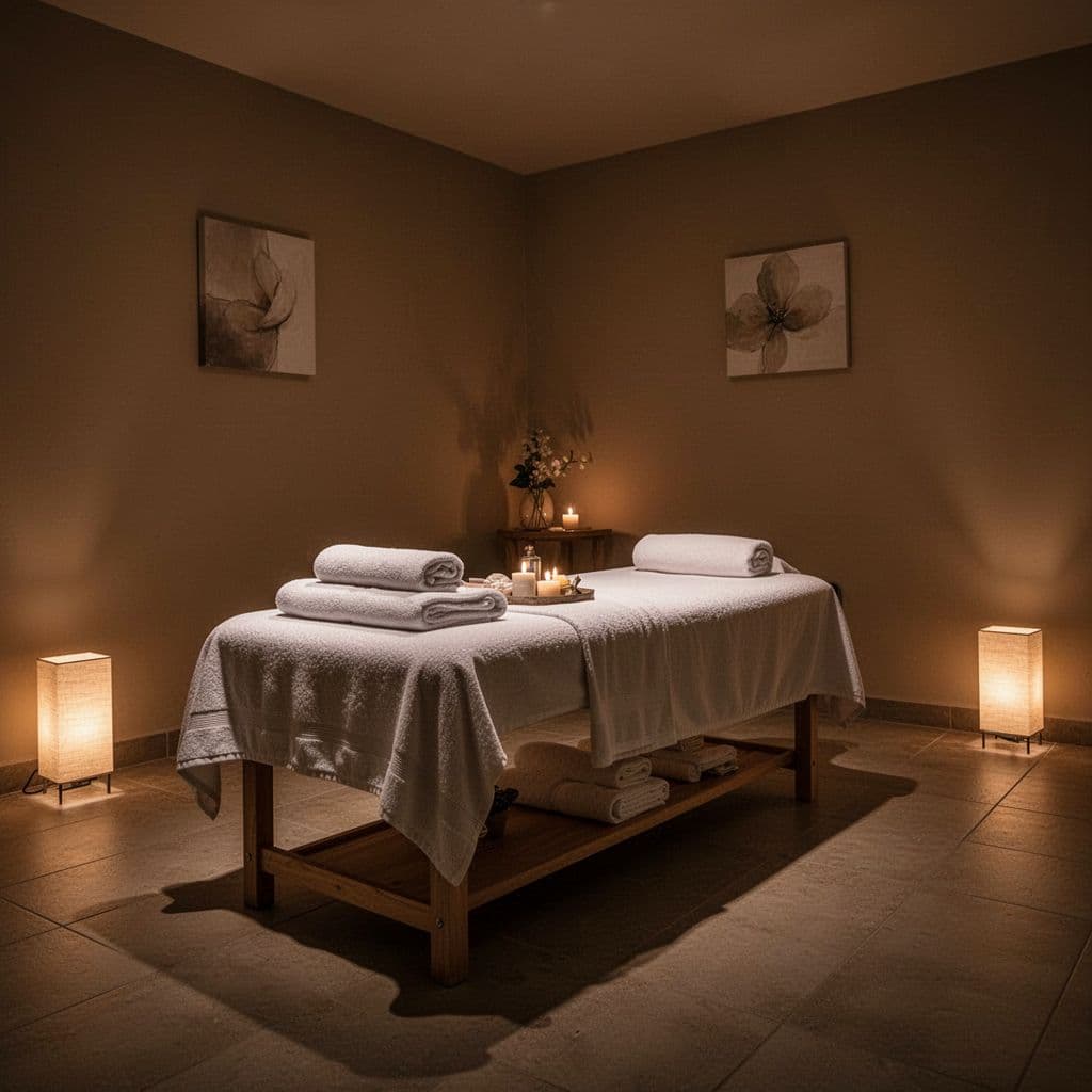 A quiet treatment area features neatly folded plush towels resting on a dark wooden massage table. Warm amber lamps cast soft highlights across textured walls, establishing a peaceful and inviting atmosphere.