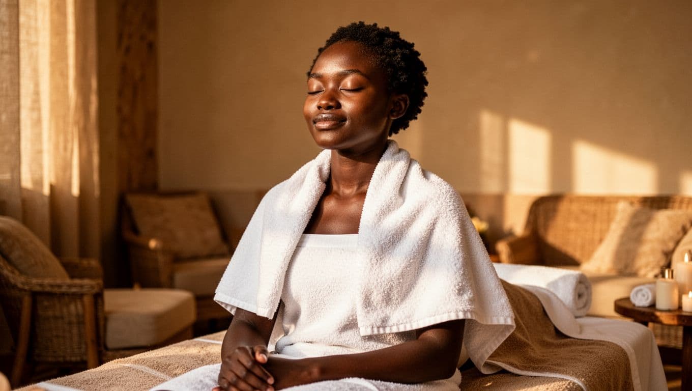 Serene young East African woman with calm confident expression, eyes closed in peace after full body massage, draped in soft white spa towel, sitting relaxed in cozy Nairobi spa lounge under warm soft lighting.