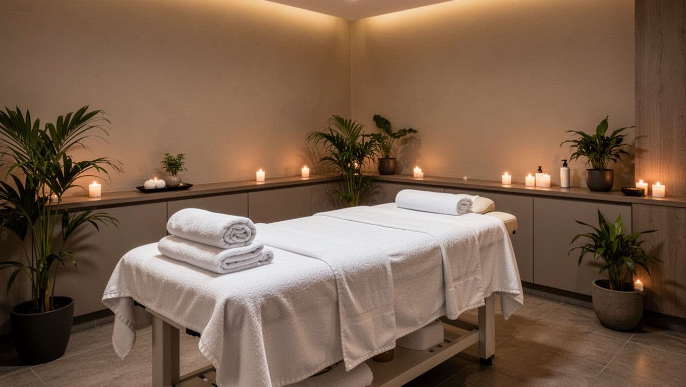 A clean and professional massage spa treatment room with fresh white linens draped over a padded table, neatly folded towels, subtle plants and candles, and dim warm ambient lighting creating a calm atmosphere in modern Nairobi spa style.