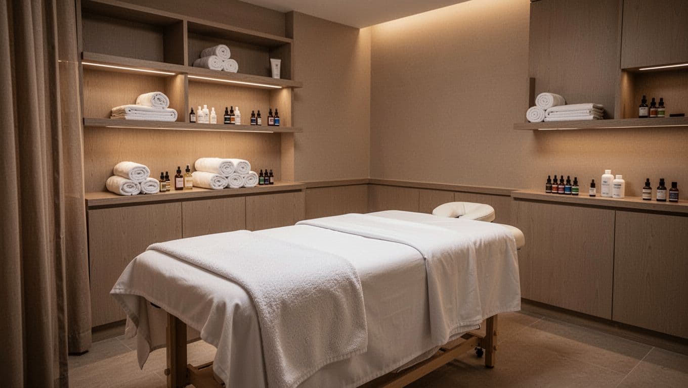 Massage 11 Professional massage therapy room with padded table covered in fresh white sheets and blanket, dim ambient lighting, shelves with neatly arranged towels and essential oil bottles. Serene empty room ready for client in warm neutral tones, emphasizing privacy and comfort.