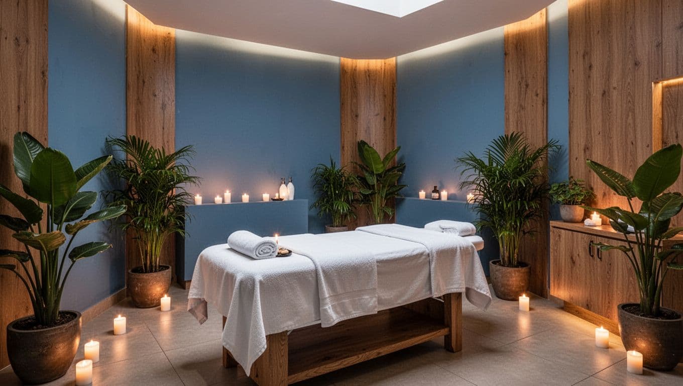 A serene, empty spa treatment room in a modern Nairobi spa, featuring a massage table with fresh linens, soft candlelight, potted green plants, warm wooden accents, and calming blue tones for a peaceful atmosphere.