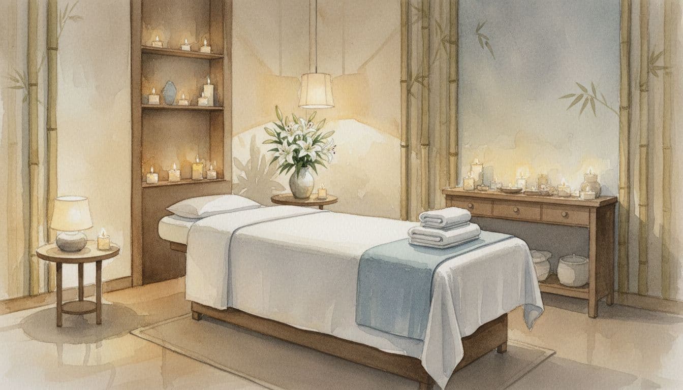 Watercolor depiction of empty massage room with folded white towels on bed, white lilies vase, bamboo decor, and soft candlelight.