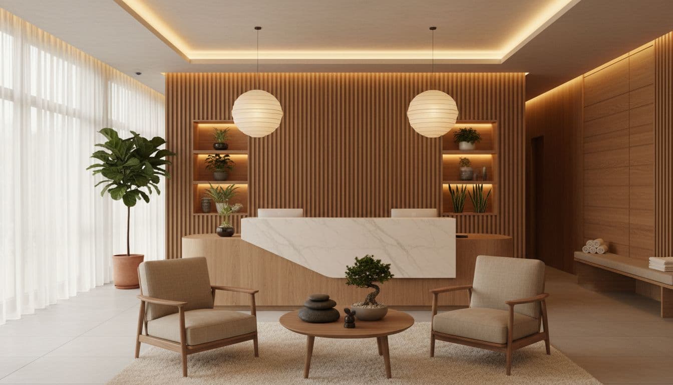 Serene spa reception area inside a massage spa with soft warm lighting, clean modern decor including wooden elements and potted plants, centered reception desk, calm atmosphere with no people present.