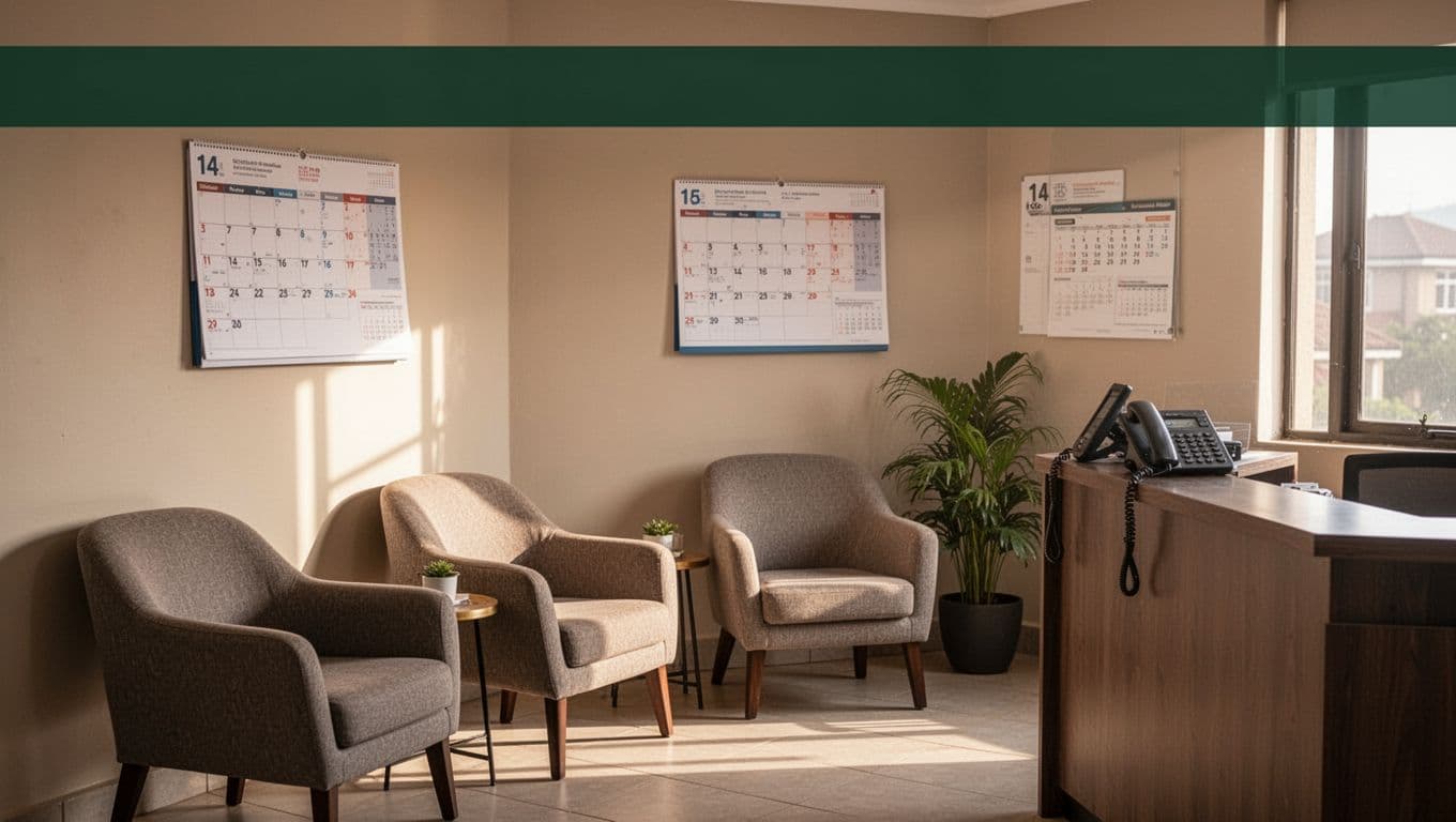 Bold 'Book Peak Times' headline on a dark-green band atop a high-detail realistic photo of a serene, empty weekday massage spa waiting area in Kilimani, Nairobi, featuring cozy armchairs, wall calendar with available slots, reception phone, potted plant, and soft morning light.