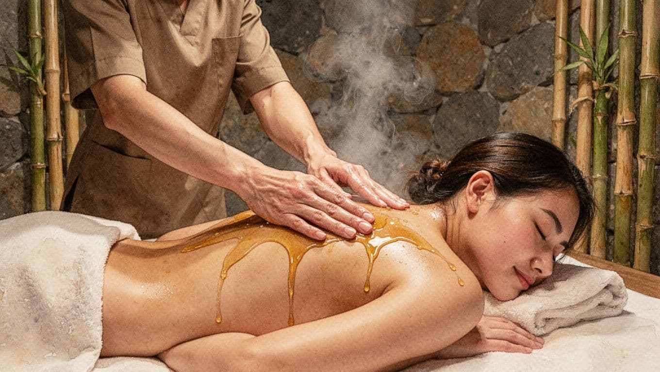 Warm oil streams over a person's shoulder blade during a spa treatment. Soft watercolor textures blend with earthy tones to illustrate deep muscular relief and improved blood flow in the skin.