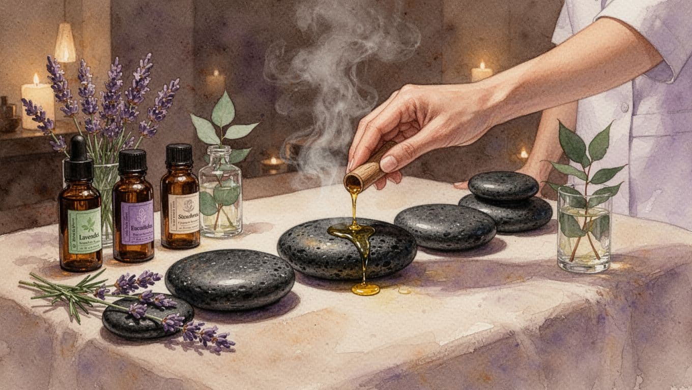 Watercolor illustration of a spa table with neatly arranged heated black basalt stones, lavender and eucalyptus oil bottles nearby, a therapist's hand drizzling oil on a stone with rising steam, in warm earthy tones and soft lighting.