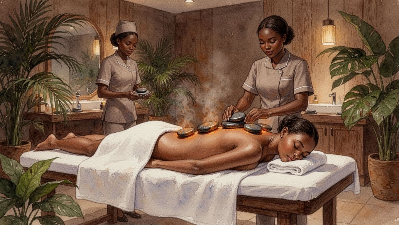 Serene hot stone massage in a luxurious Kenyan spa in Nairobi, with heated basalt stones on a prone client's spine and shoulders, therapist preparing nearby, watercolor style with soft blending, warm earthy tones, tropical plants background.