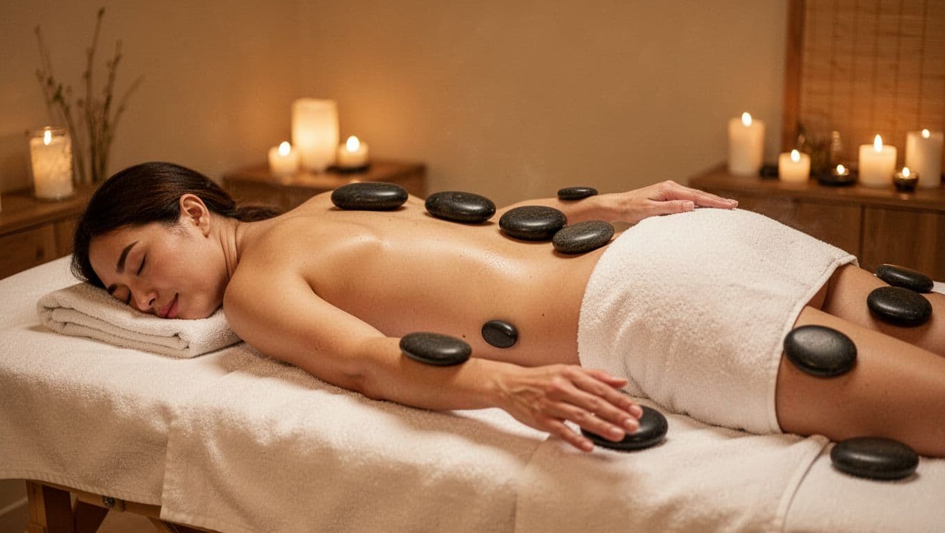 Serene spa setting with a single person lying relaxed face down on a massage table during hot stone massage, smooth black basalt stones on back, palms, and legs, soft warm ambient lighting creating peaceful atmosphere.
