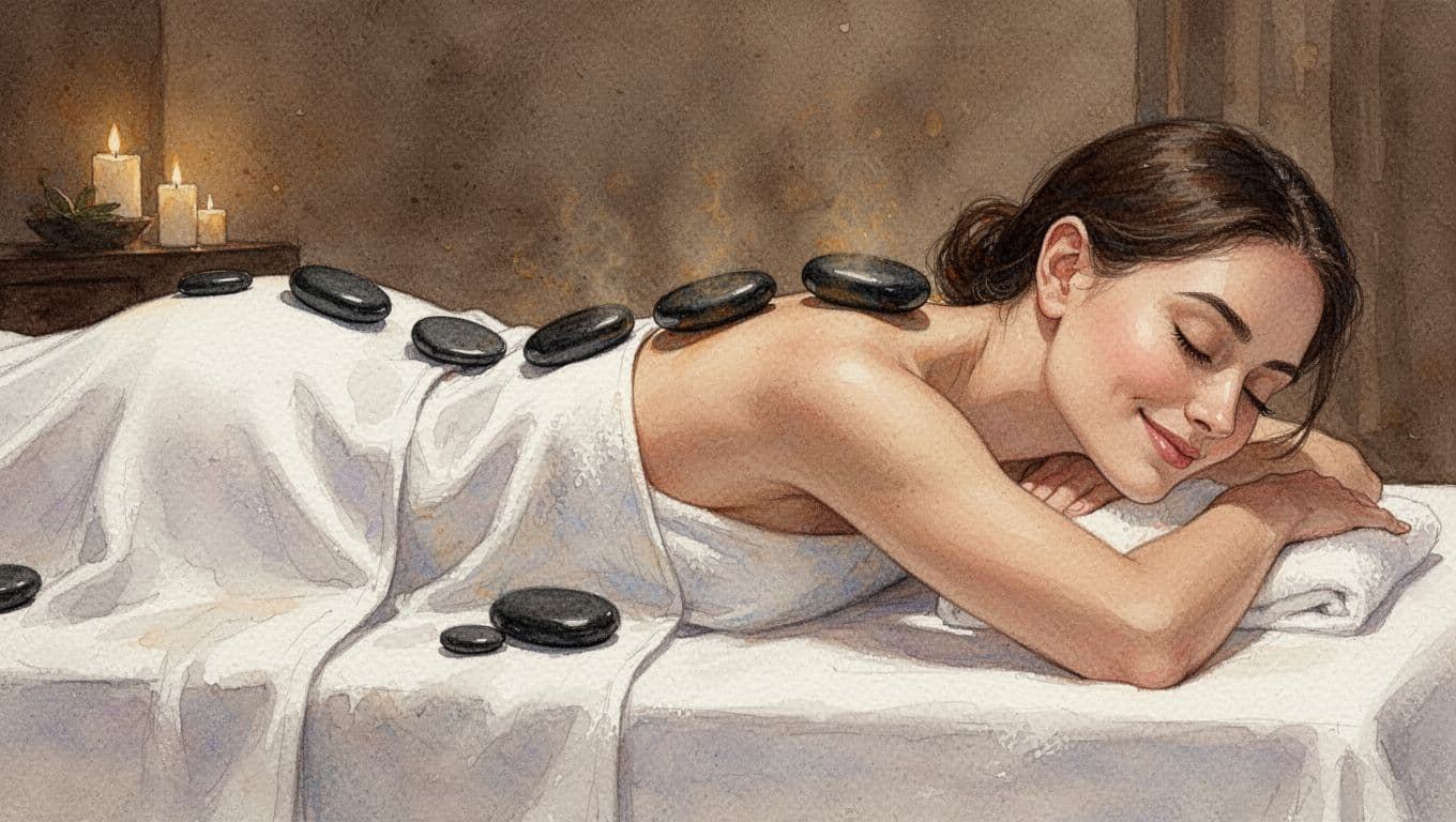 Serene close-up of a relaxed client lying prone on a massage table during hot stone massage, with smooth black basalt stones placed along the spine, shoulders, and upper legs under a draped white sheet. Watercolor style captures peaceful expression, dim warm spa lighting, and warm earthy tones.