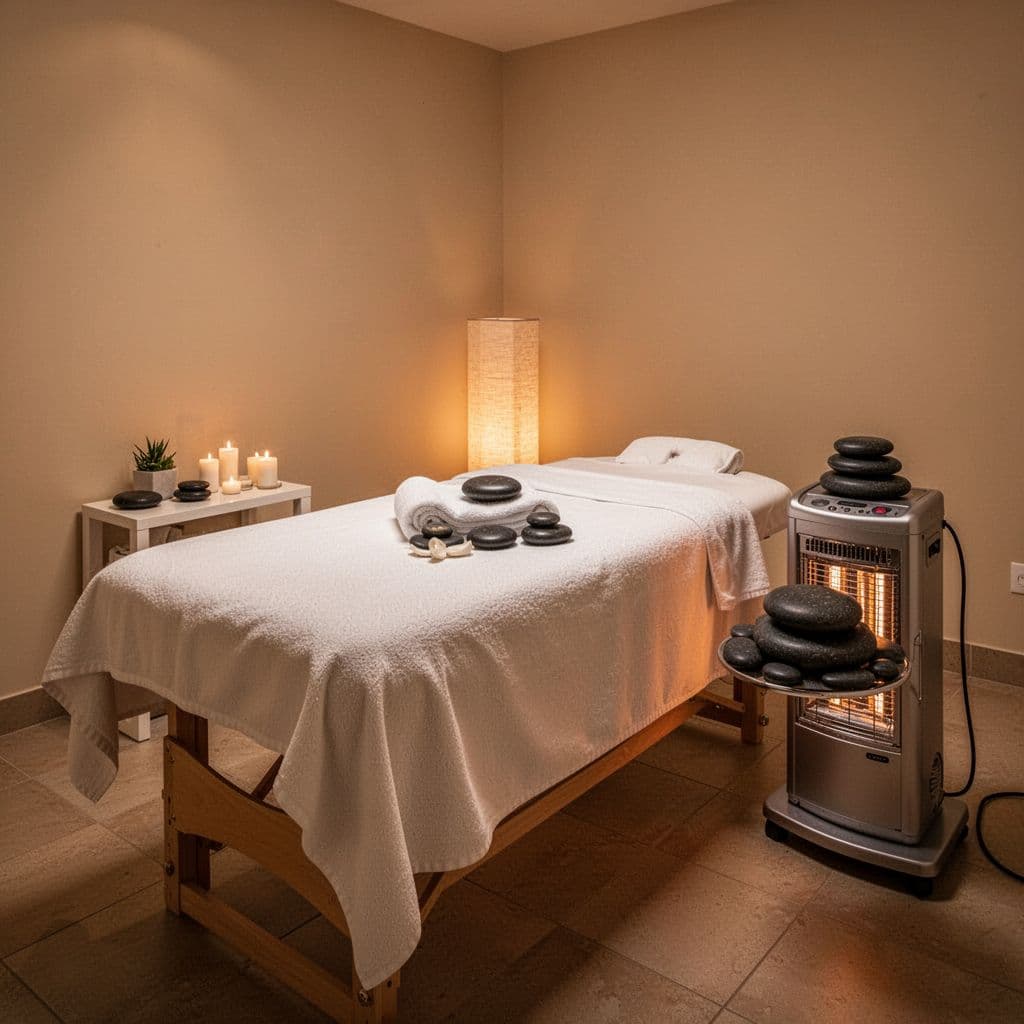 A pristine massage table draped in crisp white linens sits inside a quiet room. Nearby, dark basalt stones warm in a metal heater, creating a tranquil environment for professional therapeutic bodywork.