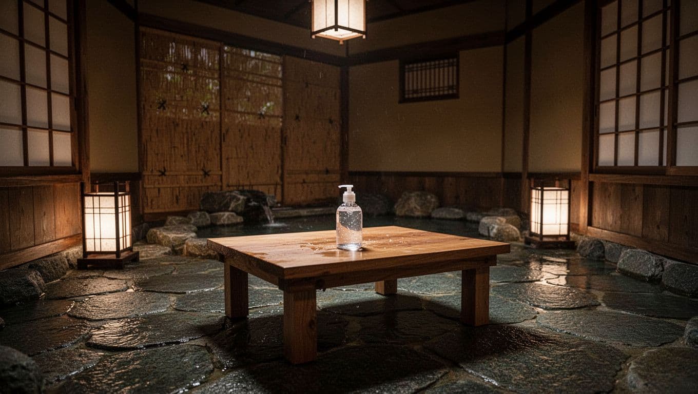 Serene traditional Japanese onsen room interior with smooth stone floors, wooden accents, low table holding one small bottle of clear slippery gel, soft lantern lighting, cinematic style with strong contrast and depth, completely empty with no people.