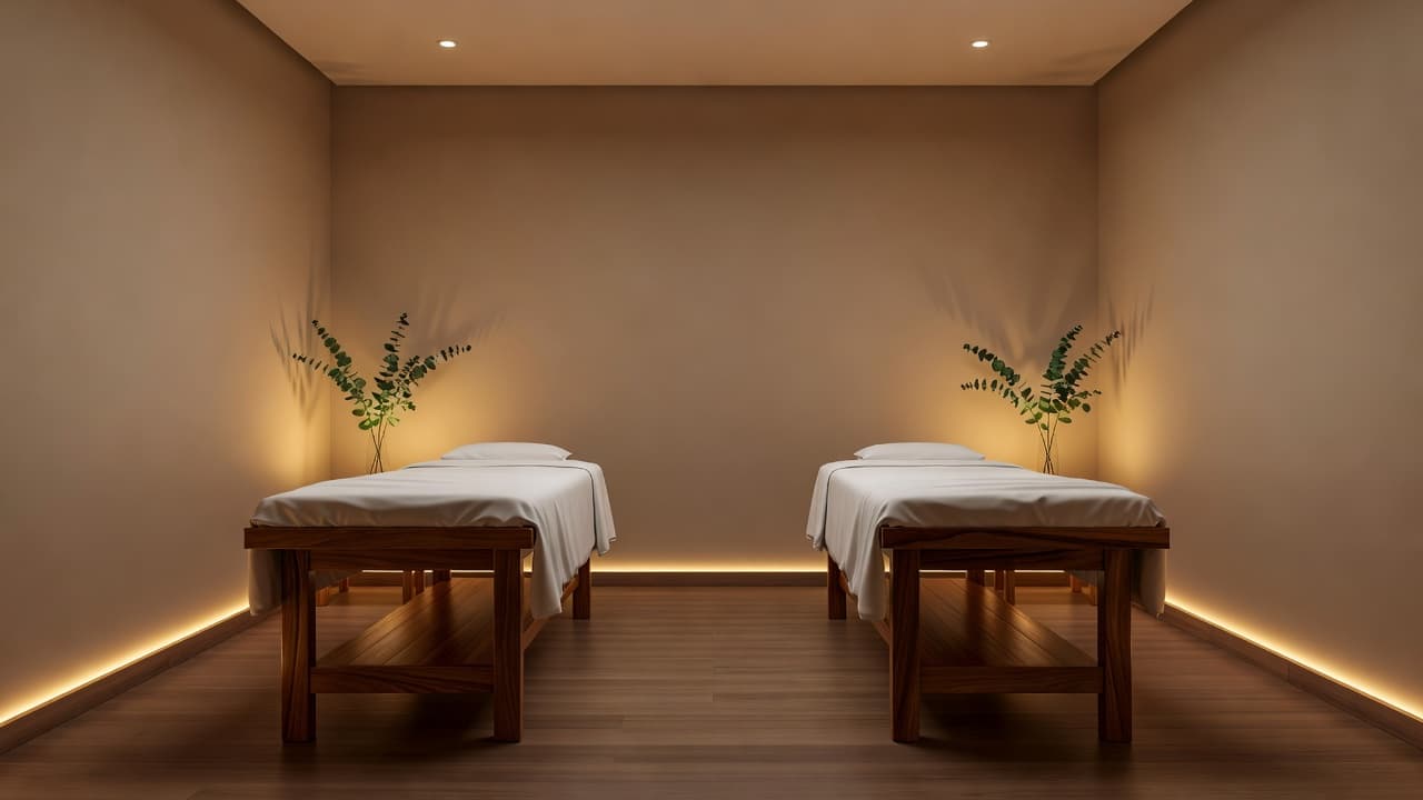 Wooden massage tables with white linens and eucalyptus in a softly lit spa room.