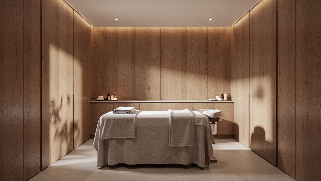 A plush massage table draped in soft white linens sits centered in a serene room featuring warm accent lighting and stone decor. Potted plants enhance the calming, high-end atmosphere.