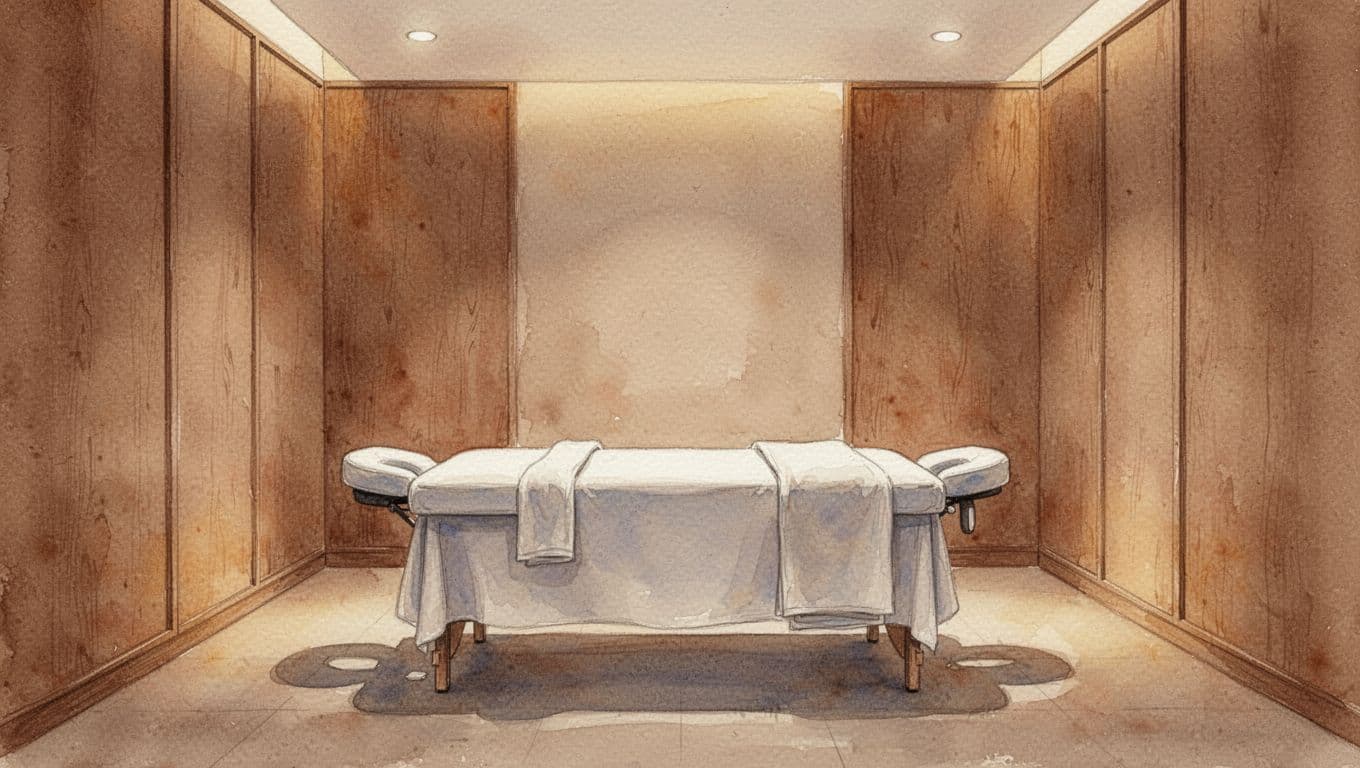 An inviting massage room features a plush white table centered on a polished wooden floor. Warm ambient lighting glows against textured walls, creating a tranquil atmosphere with soft, earthy color palettes.