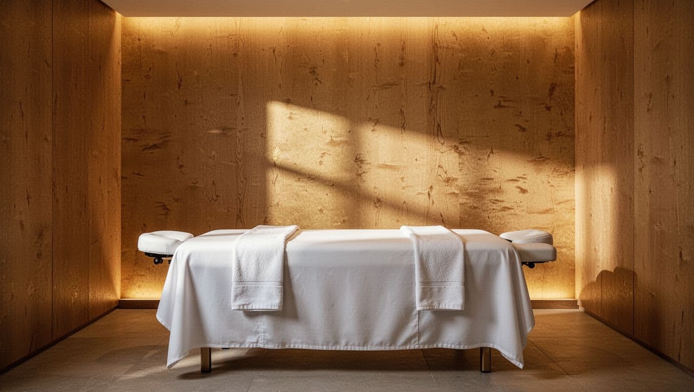A pristine massage table draped in crisp white linens sits centered against warm, textured wooden walls. Soft golden light glows from hidden fixtures, creating a tranquil and inviting atmosphere for relaxation.