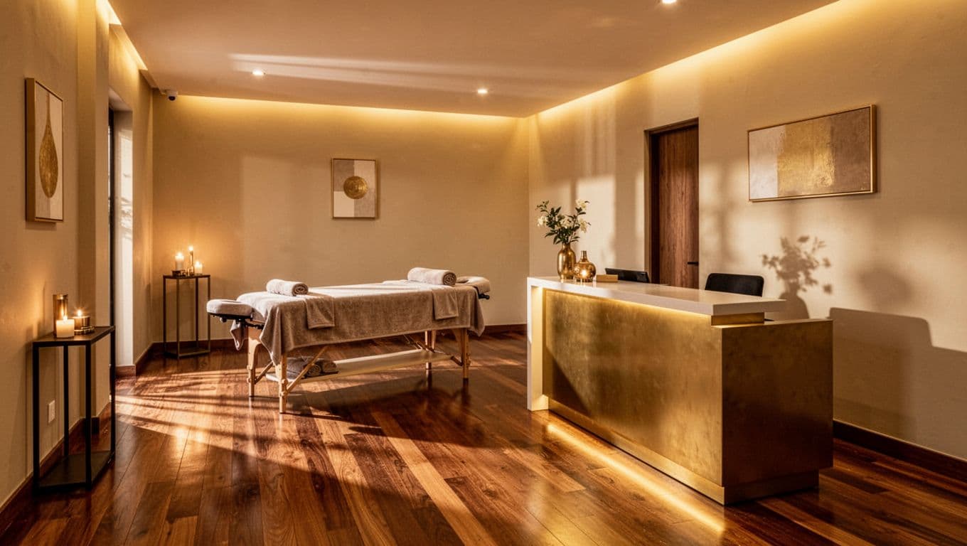 A polished wooden floor leads to a plush massage table in the background of this minimalist room. Warm golden lighting illuminates the elegant decor and clean reception area in the foreground.
