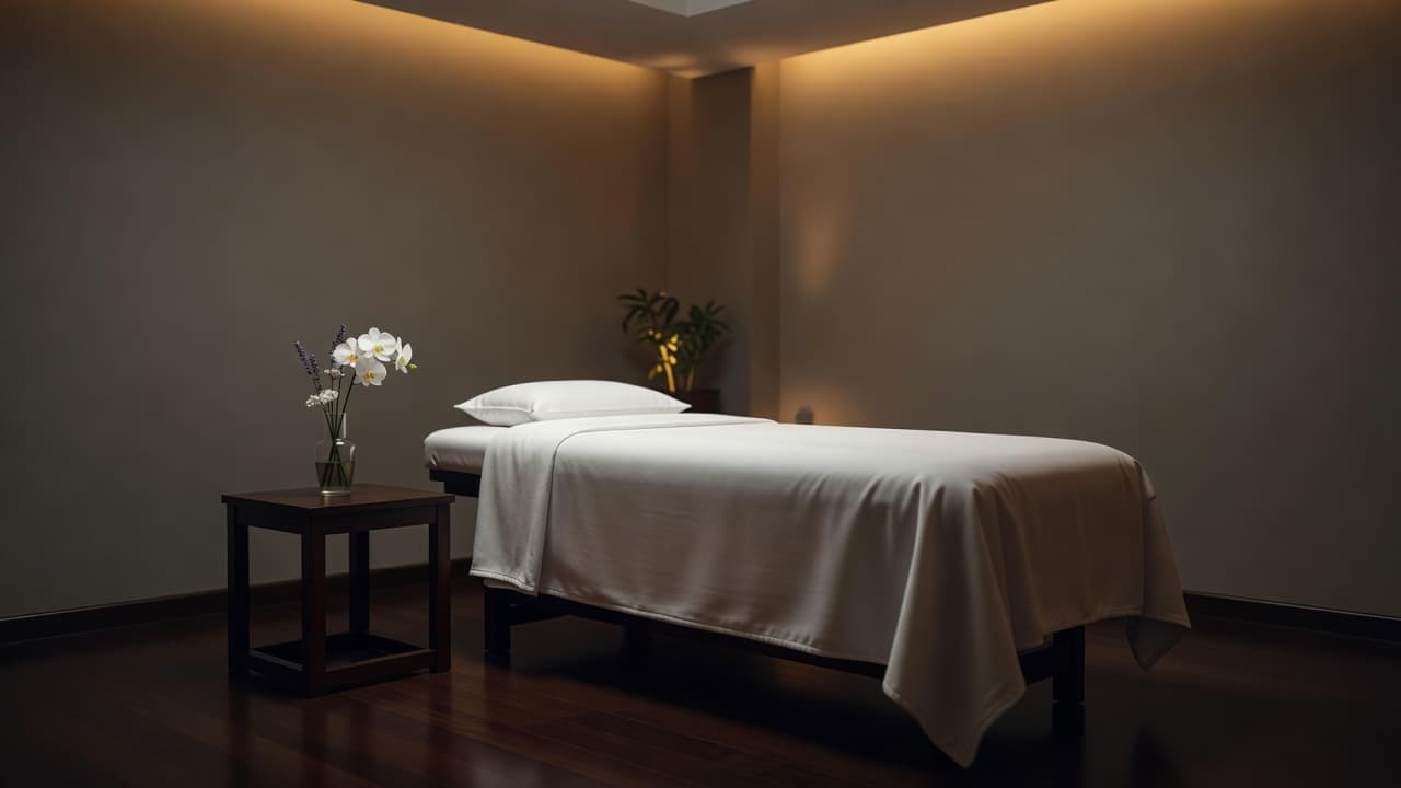 A quiet massage room with a clean treatment table and soft lighting in Kilimani.