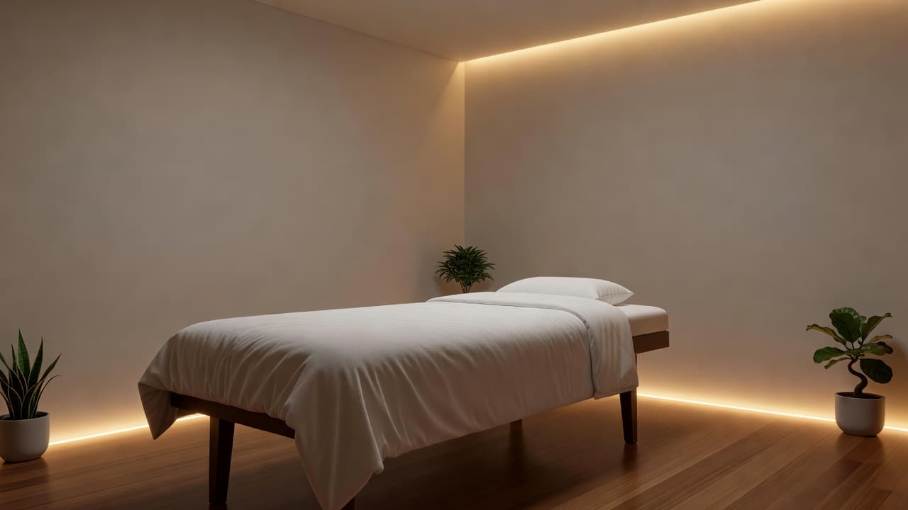 A high-end spa room features a massage table draped in plush white linens under soft warm ambient lighting. Minimalist decor and vibrant green indoor plants create a tranquil, professional relaxation atmosphere.