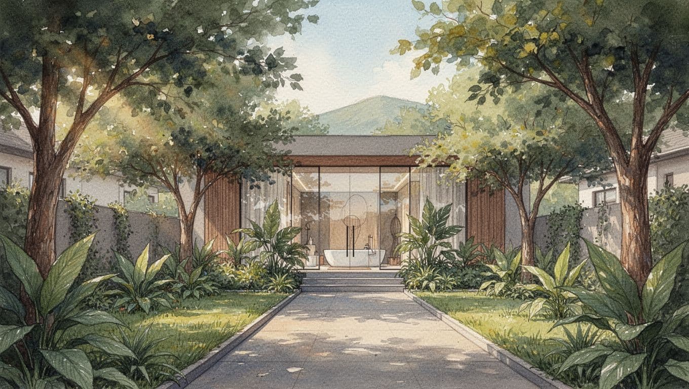 Serene upscale green neighborhood scene in Kilimani Nairobi with modern spa building entrance surrounded by lush trees along quiet Ngong Road pathway, watercolor style with soft sunlight and relaxing atmosphere.