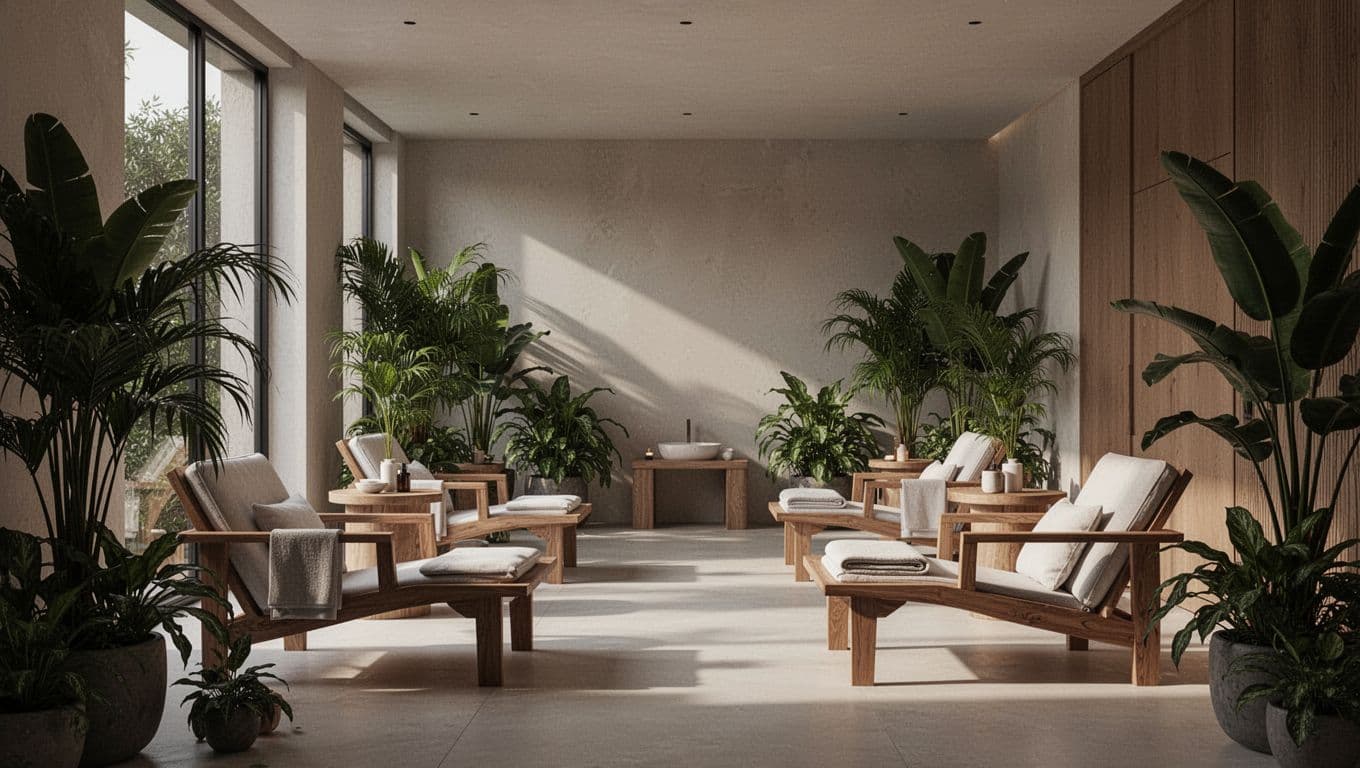Clean wooden furniture rests on polished stone floors surrounded by vibrant green plants. Warm, recessed lighting creates deep shadows and a tranquil ambiance inside this sophisticated wellness retreat in Nairobi.