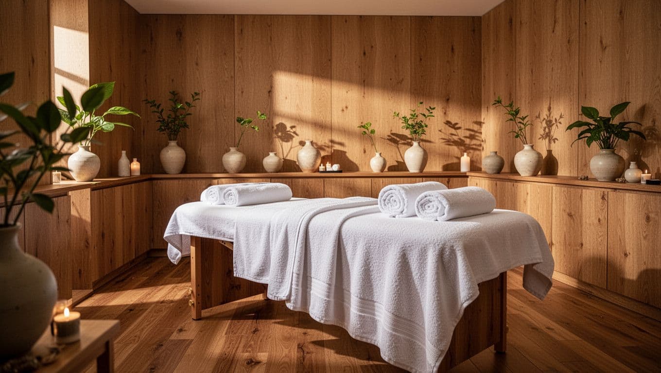 A minimalist massage room in Nairobi features polished wooden surfaces and plush white towels neatly folded on a massage table. Soft, warm ambient light creates a peaceful and relaxing wellness atmosphere.