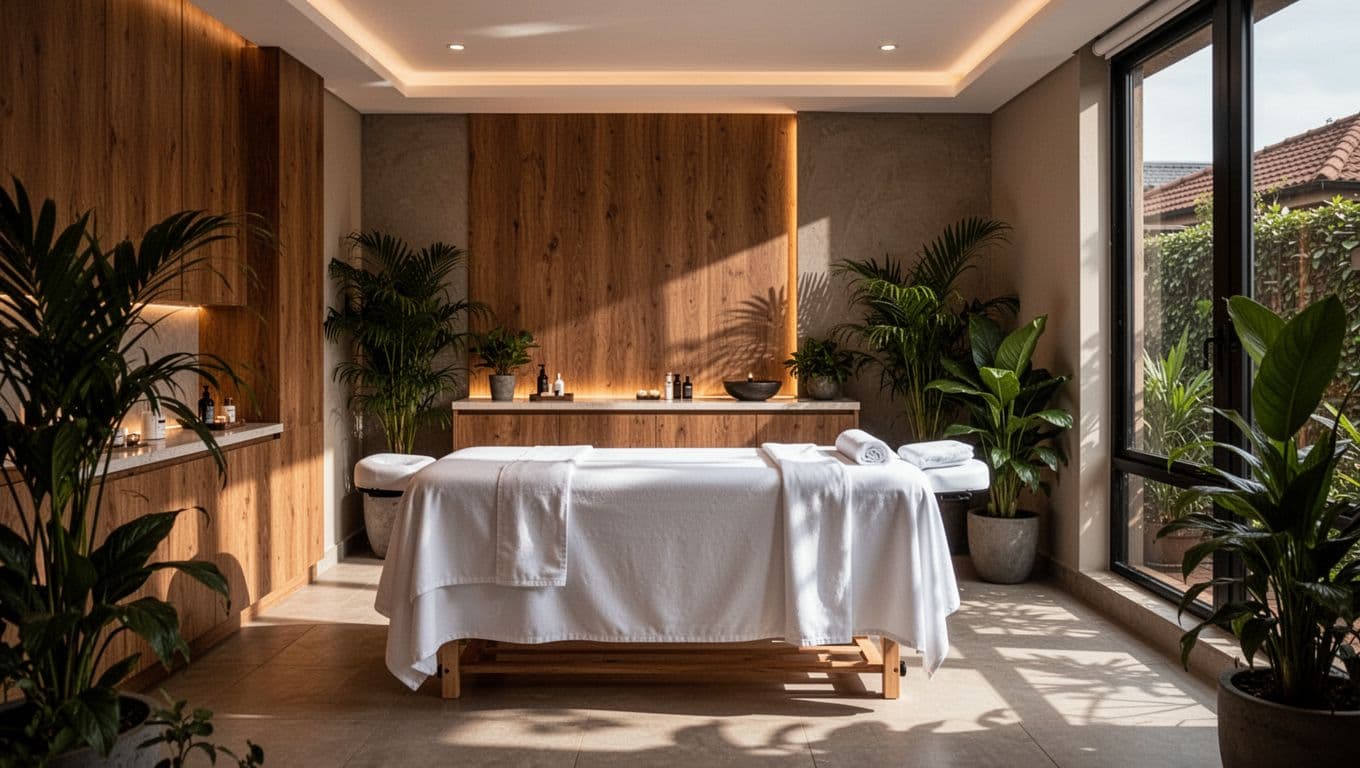 A pristine massage table draped in crisp white linens sits at the center of a sunlit, minimalist room. Warm wooden panels and vibrant indoor greenery create a peaceful, professional atmosphere.