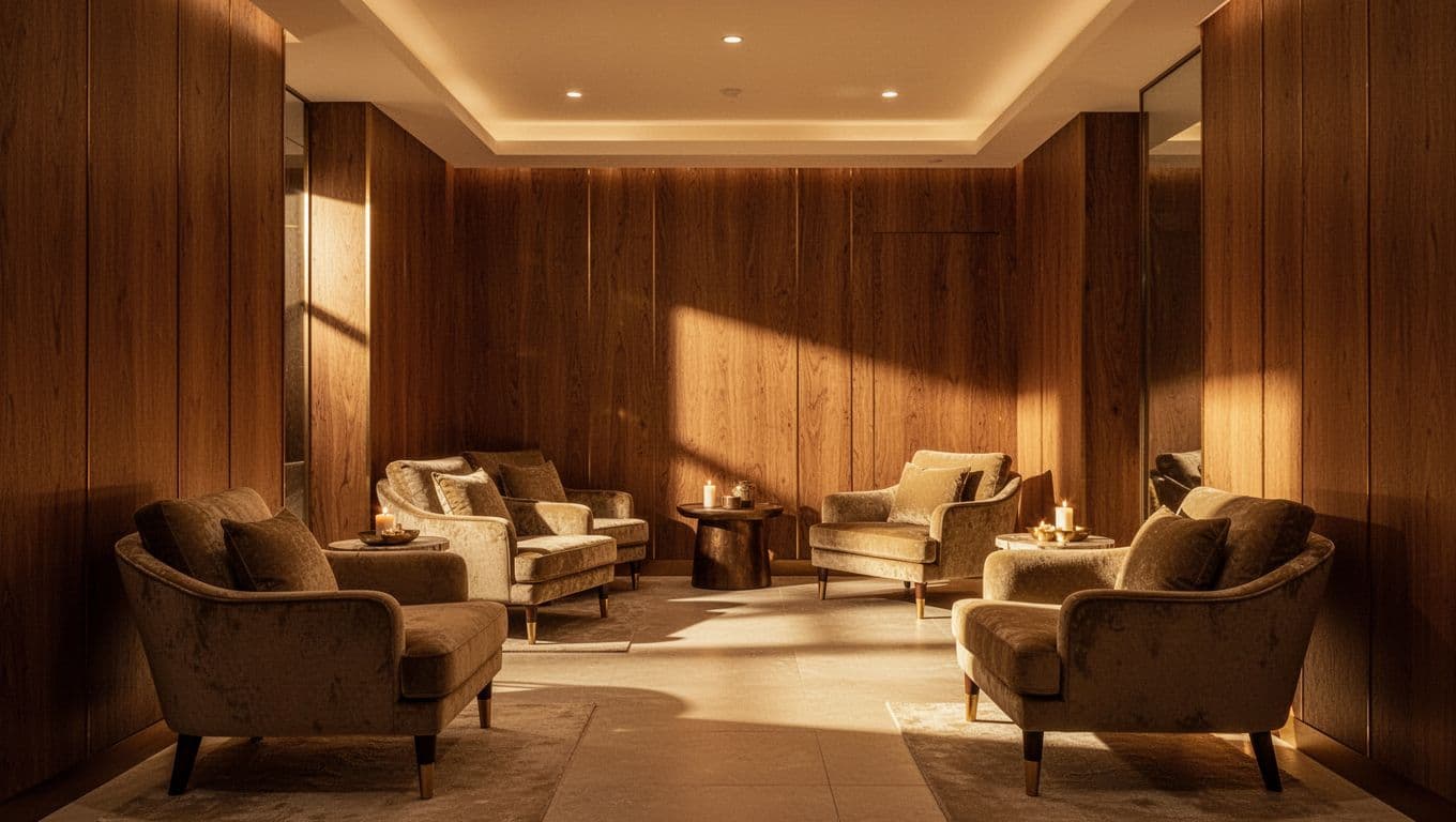 Warm golden lights glow against rich wood paneling in this peaceful retreat. Plush seating is arranged neatly to provide a quiet, comfortable space for relaxation away from Nairobi city noise.