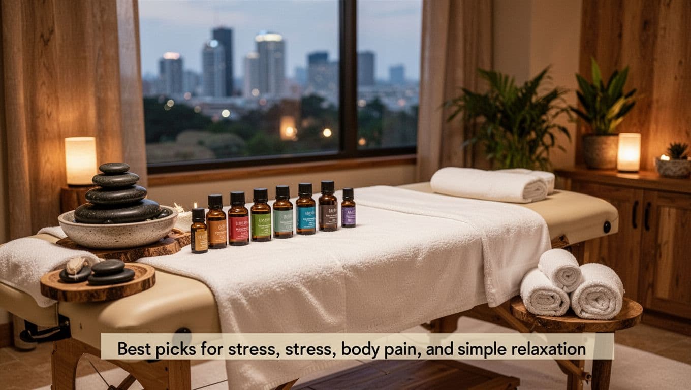 Serene spa treatment room setup with massage table, white linens, essential oil bottles, hot stones warmer, rolled towels, potted plant, wooden elements, soft lighting, and blurred city skyline background.