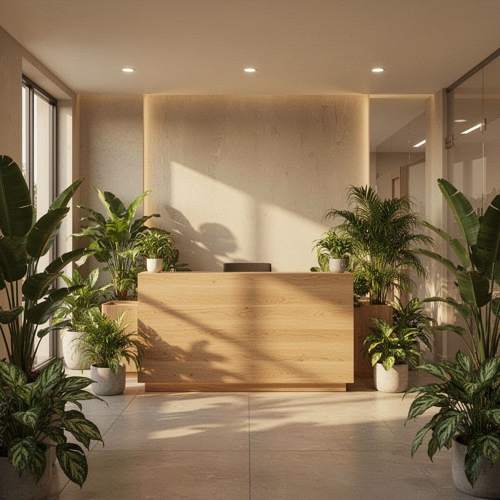 A minimalist wooden reception desk sits in a brightly lit clinic, featuring lush indoor plants and warm ambient lighting. The clean, organized space creates a welcoming atmosphere for visiting spa guests.