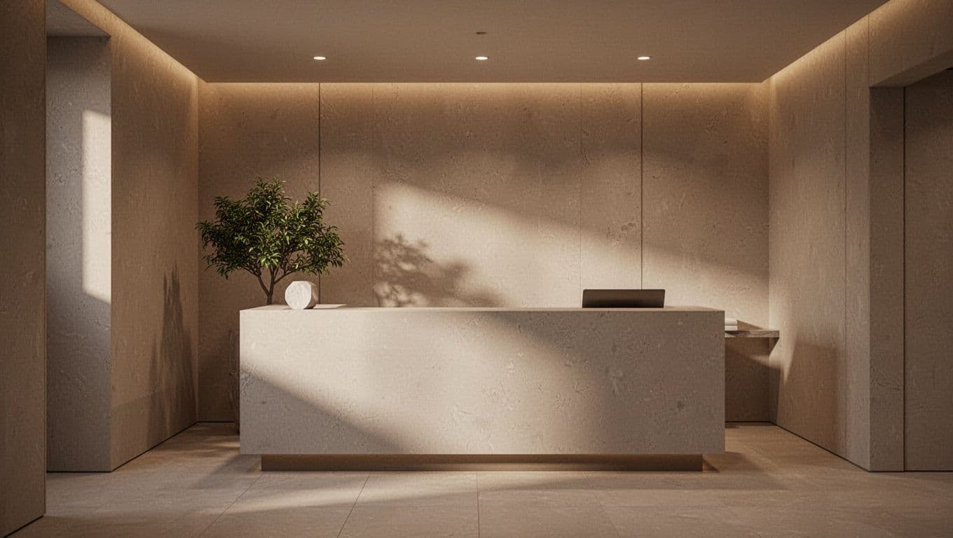 A minimalist reception counter crafted from light wood stands against a textured wall, accented by a small green plant. Soft ambient lighting creates a calm, welcoming atmosphere within the boutique space.
