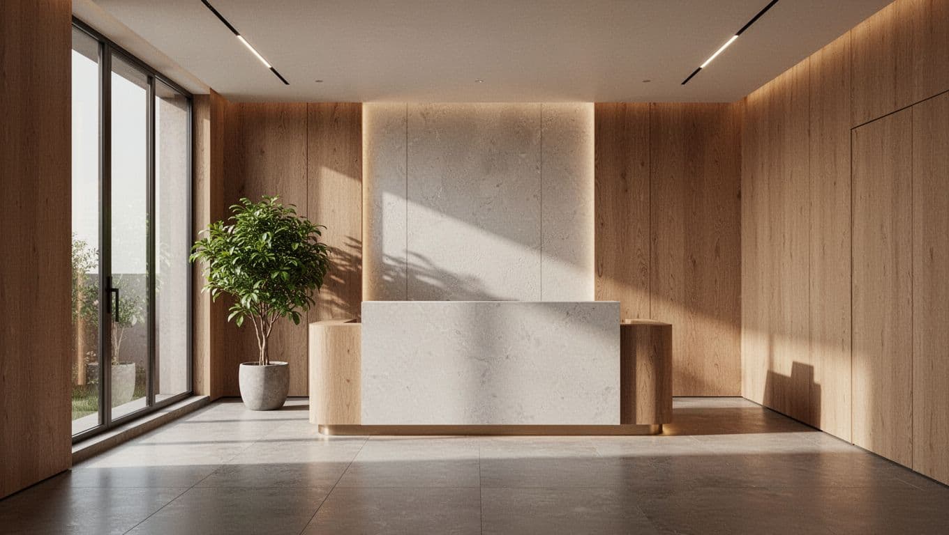 Warm wooden paneling creates a soothing backdrop in this Nairobi spa lobby. A plush lounge area features soft ambient lighting and a healthy green plant to enhance the calming atmosphere.