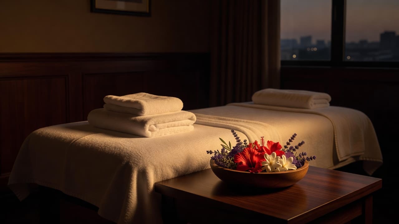 A tranquil massage room in Kilimani with folded towels and aromatic flowers.
