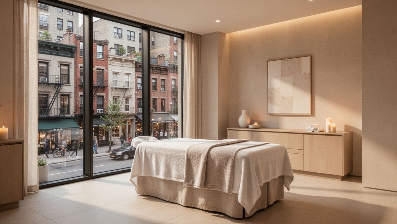 A pristine treatment room features soft amber lighting reflecting off cream-colored stone walls. A folded white towel rests on a massage table beneath a minimalist wall sconce in this urban oasis.