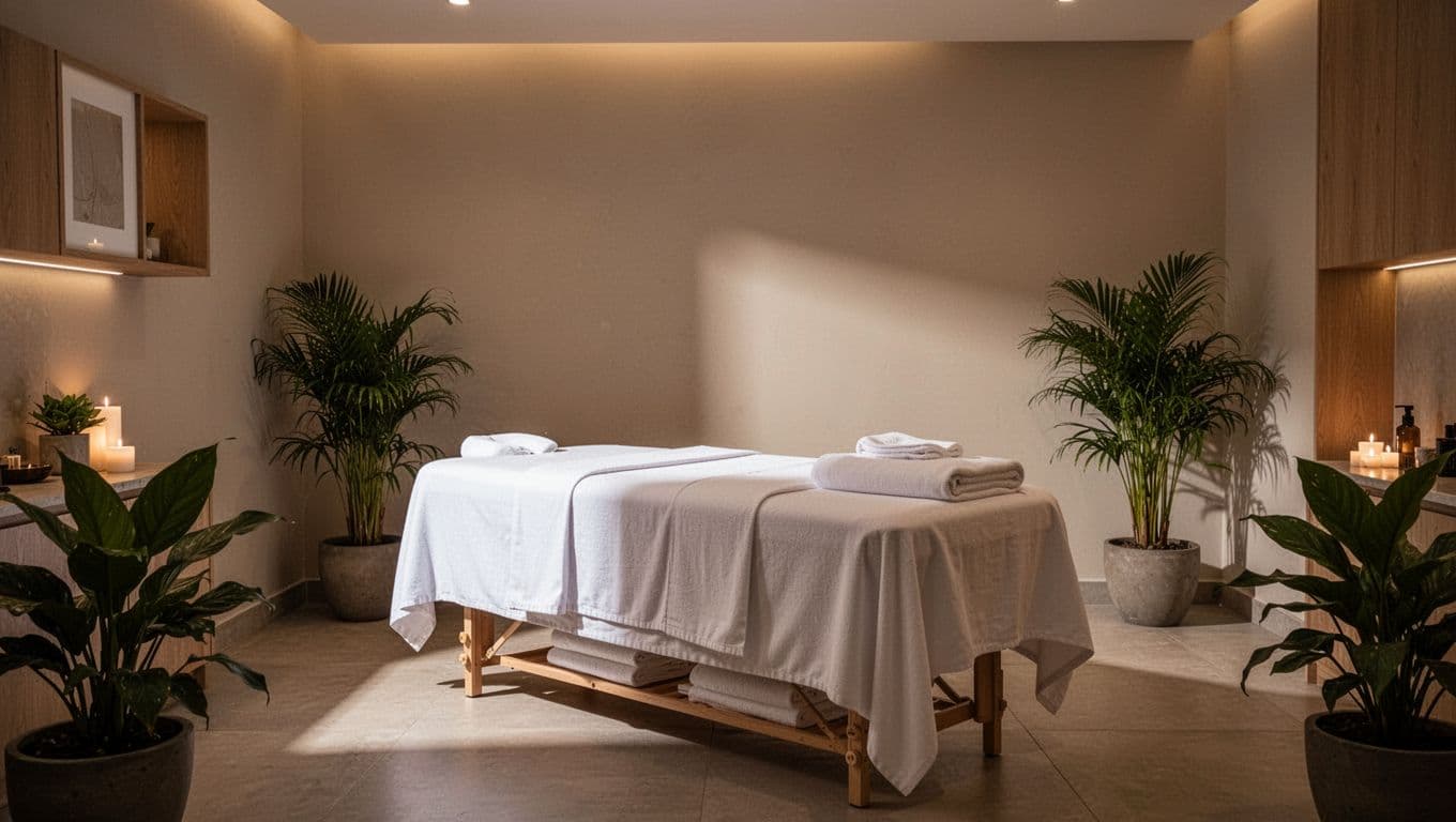 A plush massage table draped in crisp white linens sits in a minimalist room. Warm ambient light glows softly against the walls, accented by lush indoor greenery and clean design elements.